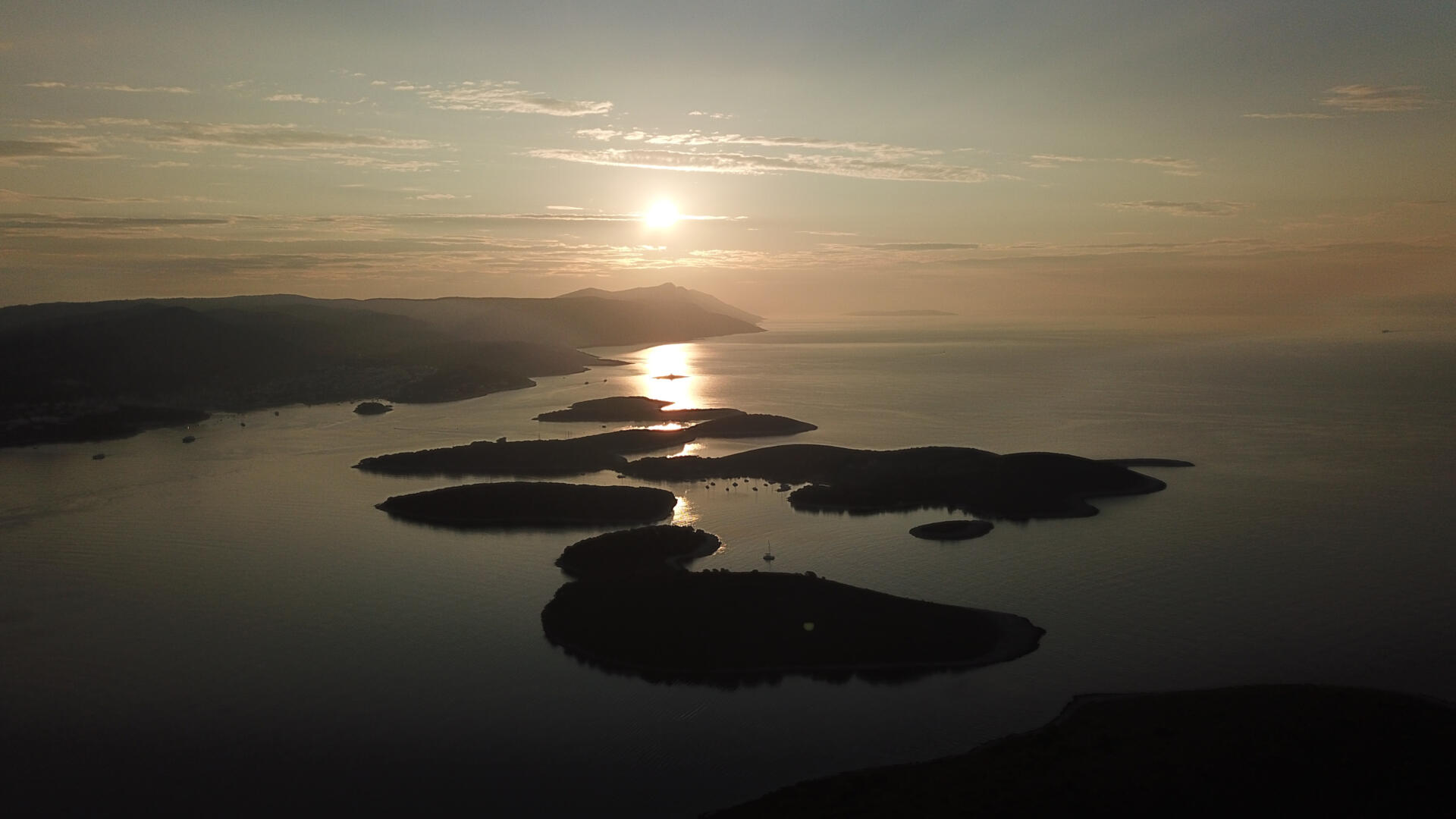 Pakleni islands at sunset aerial view