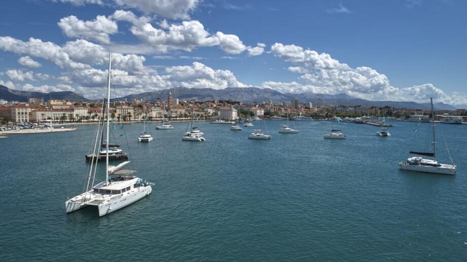 Aerial-view-of-Split-and-Lagoon-catamarans-getting-ready-for-Adriatic-Lagoon-Regatta